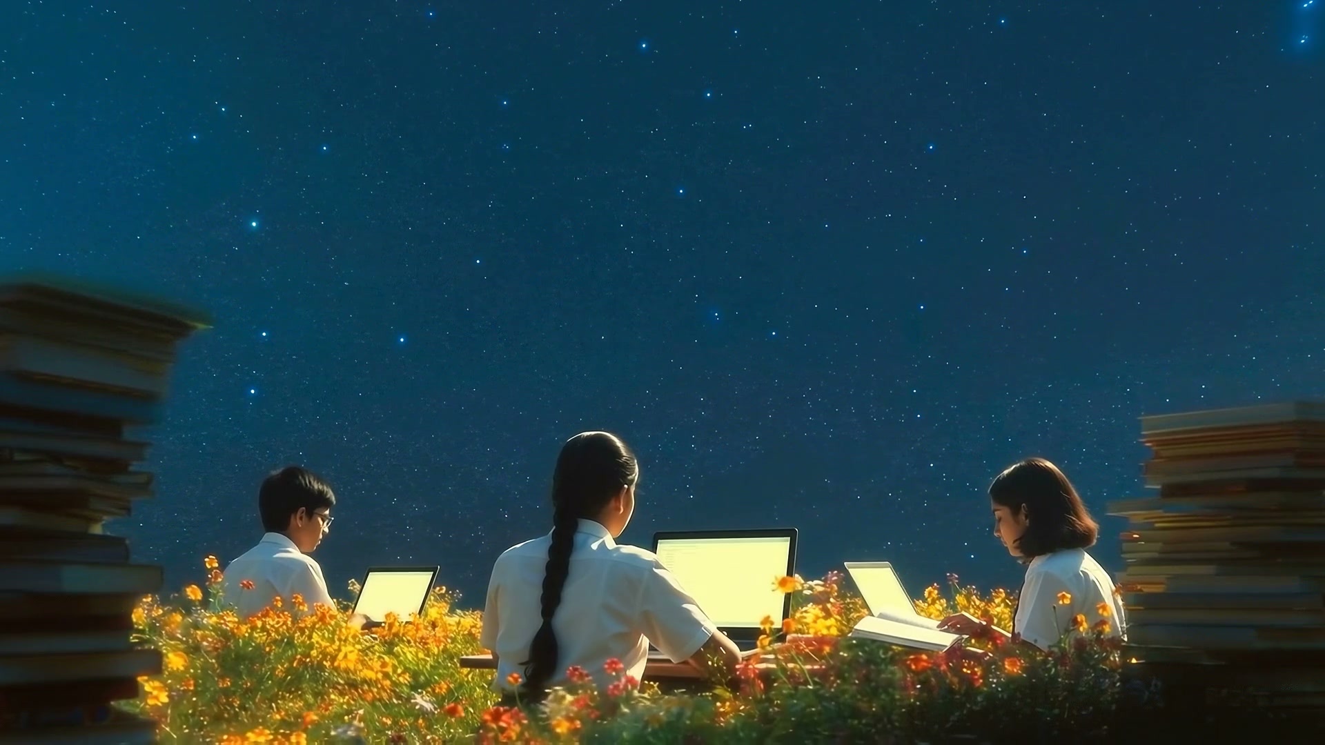 Students collaborating in peaceful study meadow