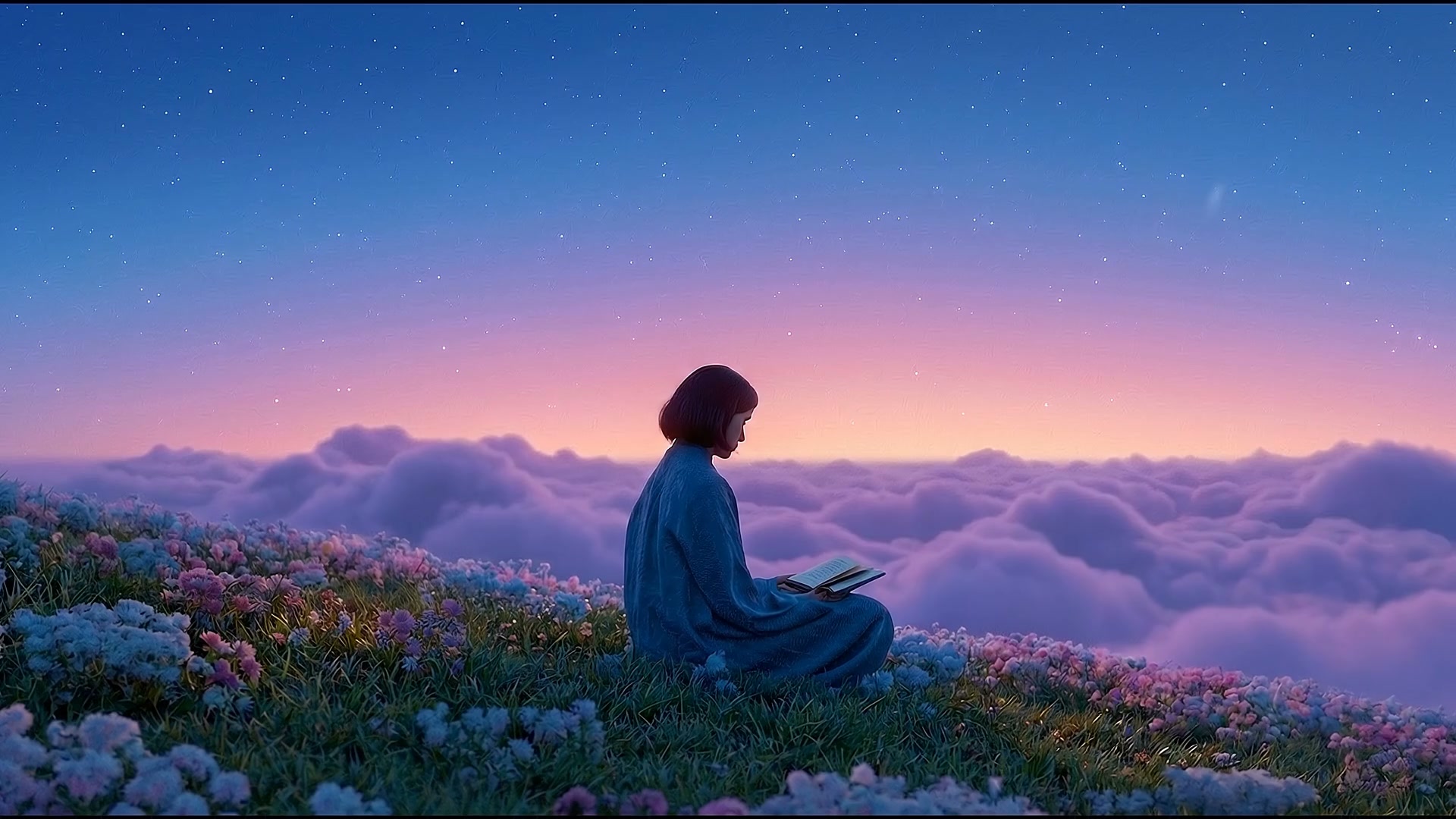 Student studying calmly in a serene landscape